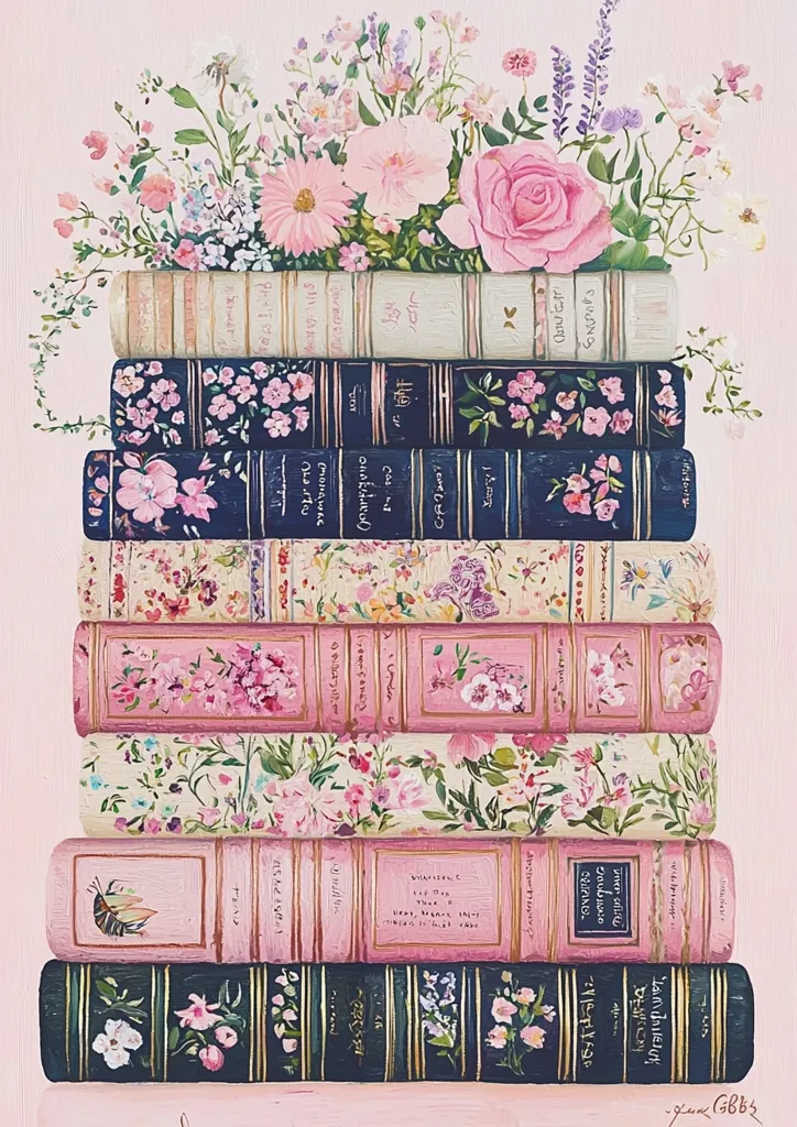A stack of vintage books, adorned with delicate floral patterns in soft pinks and blues, is depicted.  A lush bouquet of pink roses and other blossoms rests atop the books, cascading down the sides. The books' spines are intricately detailed, suggesting titles and authors in elegant script. The overall aesthetic is feminine and romantic, with a pastel color palette and whimsical floral designs.  The image suggests a sense of calm and literary charm.