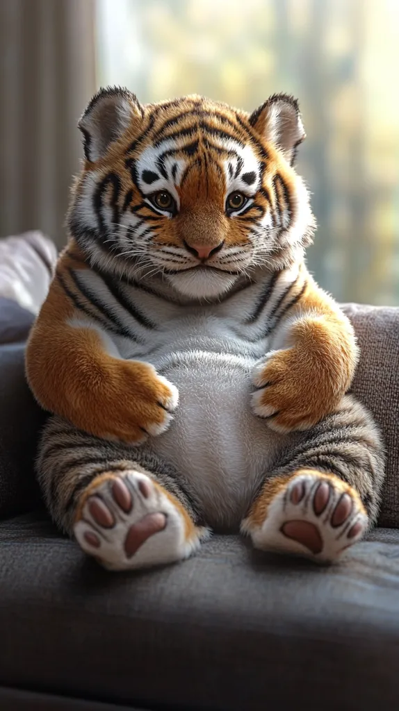 Here's a description of the image:

A digitally created image shows a plump tiger cub sitting on a dark gray couch, seemingly relaxed.  Its orange and black stripes are prominent, contrasting with its light-colored underbelly and paws. The cub's large paws are noticeable, and its expression is calm and endearing. The background is blurred, showing a window with an out-of-focus natural scene suggesting daylight. The overall impression is one of cuteness and gentle strength.