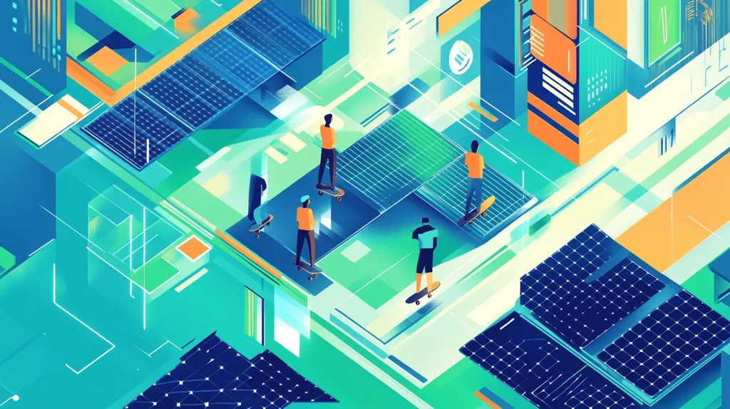 This vibrant isometric illustration depicts a futuristic cityscape interwoven with solar panels.  Five figures, each on a skateboard, navigate this abstract landscape.  The scene is a blend of teal, turquoise, and orange hues, with geometric shapes representing buildings and technological elements.  The overall impression is one of clean energy integration within a technologically advanced urban environment. The style is both playful and sophisticated, highlighting the potential of sustainable urban design.