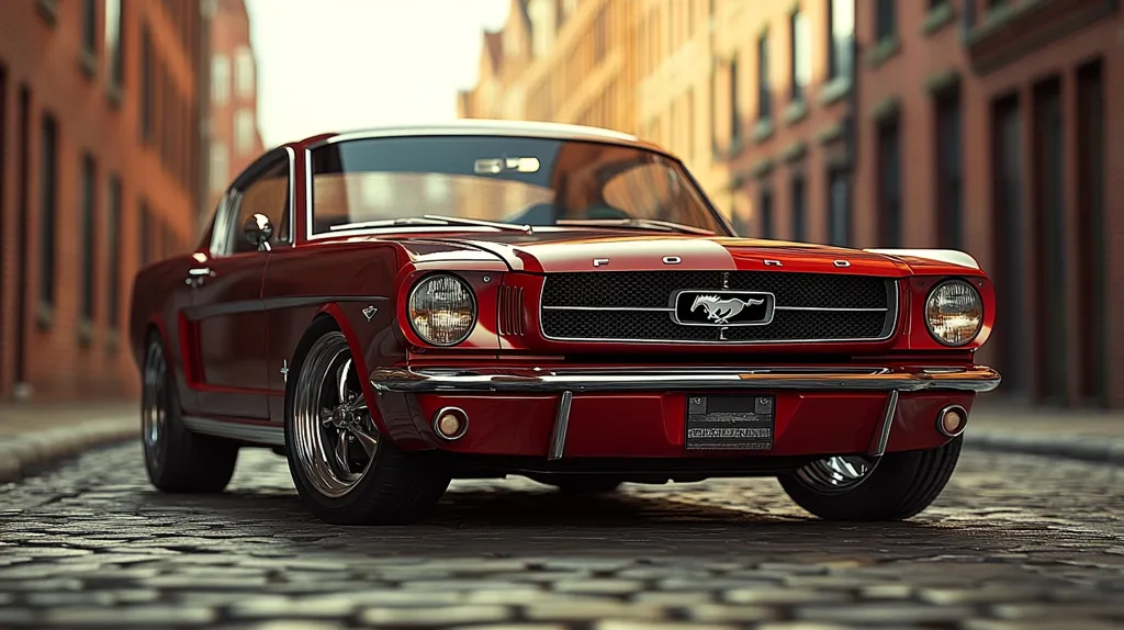 A classic red Ford Mustang is the focal point of this image, parked on a cobblestone street.  The car is sharply in focus, highlighting its gleaming paint and iconic design details.  The background, a softly blurred row of brick buildings, suggests an urban setting bathed in warm, golden light. The overall mood is one of nostalgic charm and classic automotive beauty.