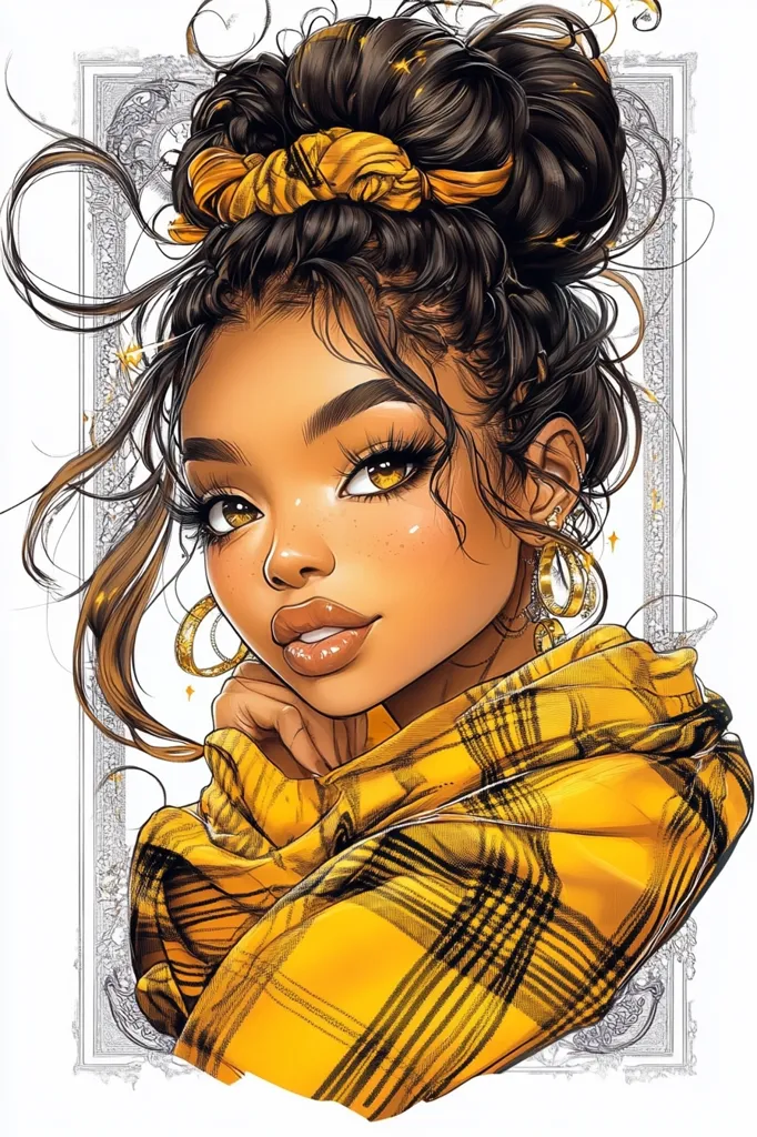 Here's a description of the image:

The illustration showcases a stylized portrait of a young Black woman with striking features. Her dark brown hair is styled in a high bun adorned with a mustard-yellow headband.  She wears large gold hoop earrings and a mustard-yellow and black plaid shirt. Her expression is subtly alluring, and her skin is richly detailed with highlights and shadows, giving it a glossy, almost three-dimensional effect. The style is highly polished and realistic, enhanced by glittering details around her hair and earrings. The ornate, gray frame adds to the image's overall elegance.