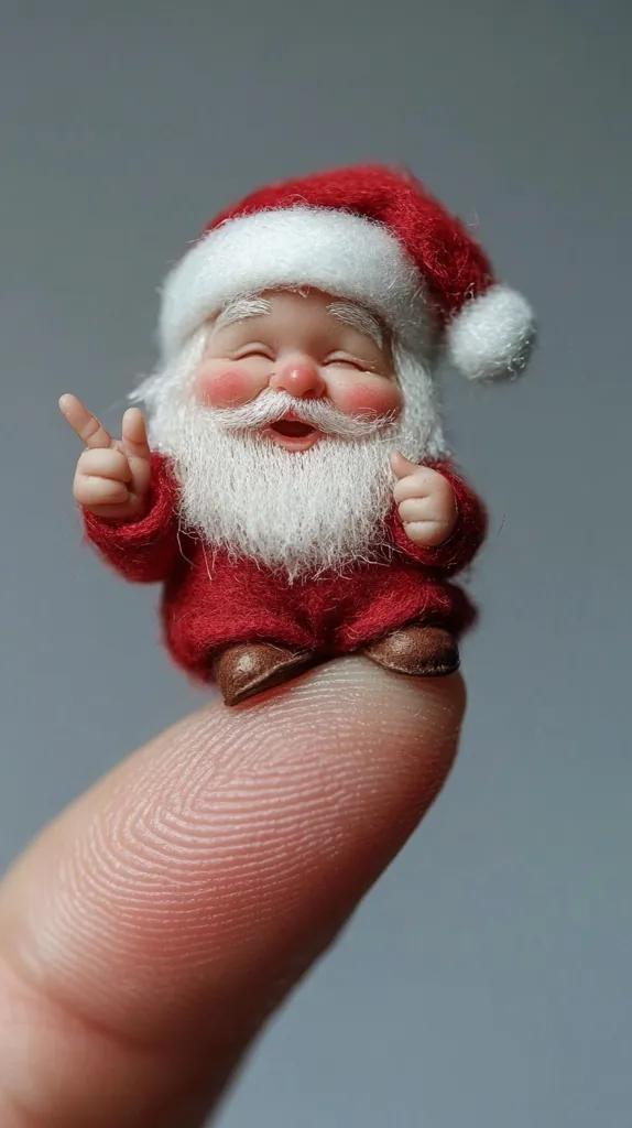 A tiny, meticulously crafted Santa Claus figurine sits atop a fingertip.  He's dressed in a red felt suit, complete with a white-trimmed hat and a fluffy white beard.  His face is rosy-cheeked, and his eyes are closed in a joyful expression, his mouth slightly open in a happy smile.  He appears to be giving a thumbs-up with both hands. The figurine is incredibly detailed, showcasing the artistry involved in its creation.