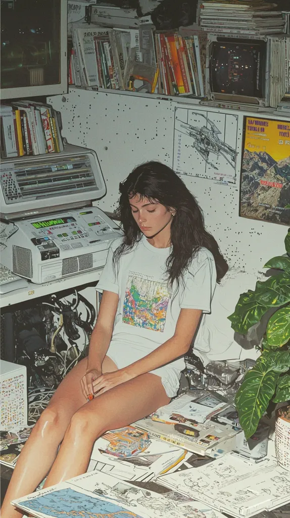 A young woman with long dark hair sits on a cluttered floor surrounded by books, maps, and vintage electronics. She wears a white t-shirt with a graphic design and sits with her legs crossed, appearing calm and pensive. The room is filled with a variety of items, suggesting a creative or studious environment.  The overall aesthetic is reminiscent of a 90s or early 2000s vibe, with a nostalgic and slightly grunge feel.  A potted plant adds a touch of nature to the scene.