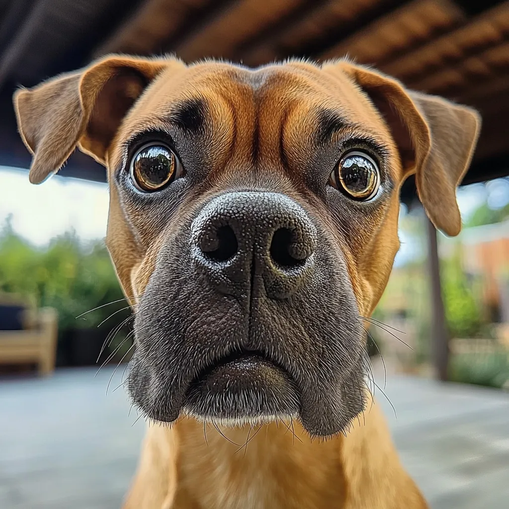 Here's a description of the image:

Close-up view of a young, fawn-colored Boxer dog's face.  Its large, expressive brown eyes stare directly at the camera, conveying a curious or slightly apprehensive expression. The dog's black nose is prominent, and its mouth is slightly open.  The fur is short and smooth, and a few whiskers are visible. The background is blurred, showing a patio or outdoor setting. The overall impression is one of a cute and endearing pet.