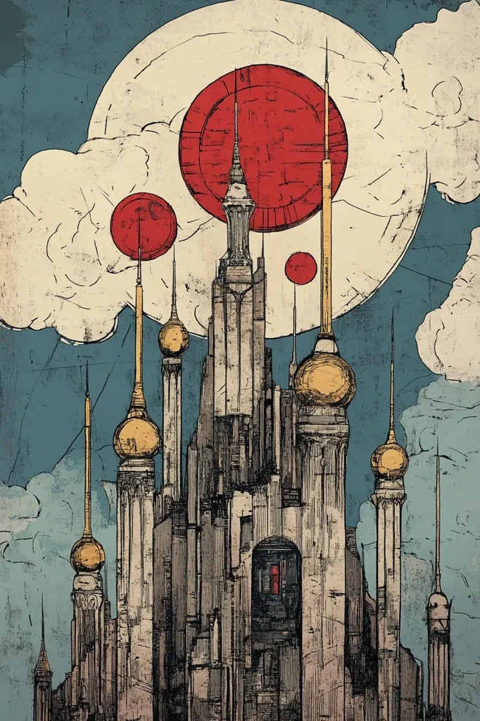 Here's a description of the image:

The illustration depicts a fantastical cityscape, possibly a castle or complex of buildings, rendered in a style reminiscent of vintage prints or etchings.  The architecture is a blend of styles, featuring tall, pointed spires characteristic of onion domes, alongside more angular, modernist structures.  The buildings are predominantly grey and beige, contrasted by gold-toned onion dome tops. Three large, stylized red circles float above, resembling planets or celestial bodies, within a backdrop of pale clouds against a muted blue sky. The overall effect is one of otherworldly beauty and intriguing, slightly melancholic atmosphere.  The texture is heavily stylized, creating a sense of age and history.