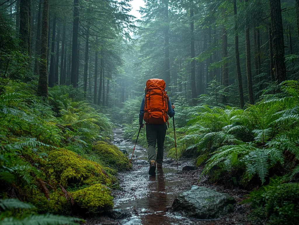 A lone hiker, seen from behind, navigates a lush, misty forest path.  Their bright orange backpack stands out against the deep green of ferns and moss covering the forest floor.  Tall, slender trees line the trail, creating a tunnel-like effect.  The path is damp, with water flowing in the center, indicating recent rain.  The overall atmosphere is tranquil and evocative of a solitary journey through nature.