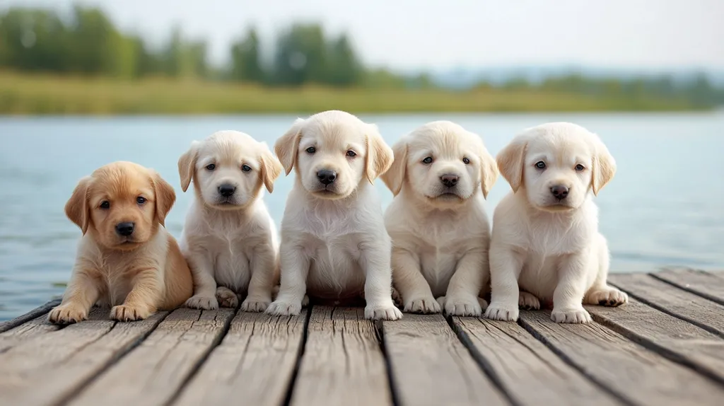 Five adorable Golden Retriever puppies sit on a weathered wooden dock overlooking a calm lake.  Four are creamy white, while one is a lighter, golden hue.  They are positioned side-by-side, looking directly at the camera with sweet expressions. The background is softly blurred, focusing attention on the fluffy, charming pups. The scene evokes a sense of tranquility and youthful energy.