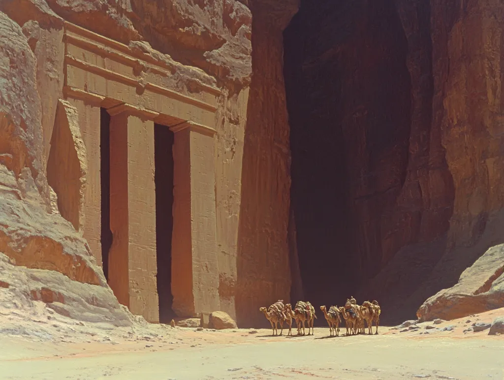 Here's a description of the image:

The image depicts a sun-drenched, sandstone canyon with a carved stone structure resembling a monumental doorway or gate.  Three large pillars define the entrance, which leads into a deep, shadowed recess within the rock face. Several camels, laden with packs, are positioned in the foreground before the entrance, suggesting a caravan resting or preparing to enter the canyon. The overall palette is warm, emphasizing the desert landscape's arid beauty and the ancient feel of the carved architecture.  The scene evokes a sense of journey, history, and the vastness of the desert.