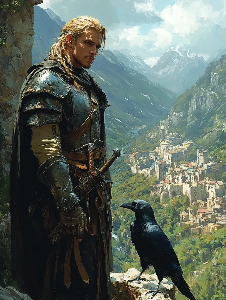 A blond-haired knight in medieval armor stands pensively overlooking a valley town nestled in a mountainous region.  His gaze is downcast, and a large black raven sits perched on a rock beside him.  The knight's attire is dark and weathered, suggesting a journey or a life lived outdoors. The landscape is rendered with dramatic lighting, emphasizing the grandeur of the mountains and the peaceful tranquility of the valley. The scene has a fantasy or epic feel, possibly suggesting a moment of reflection or contemplation before an impending quest.