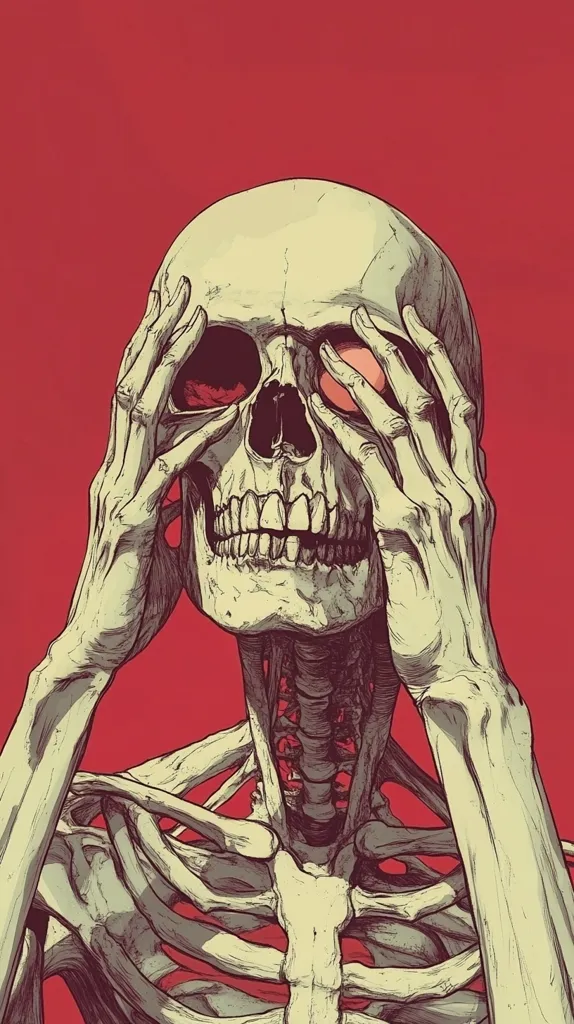 Here's a description of the image:

The illustration showcases a detailed rendering of a skeleton's upper body against a solid crimson backdrop.  The skeleton's hands are brought up to cover its eye sockets, obscuring its sight.  The skull is intricately drawn, highlighting the bone structure and empty eye sockets, one faintly showing a hint of red. The ribcage and clavicle are clearly visible, demonstrating a level of anatomical accuracy. The style is reminiscent of vintage anatomical drawings, but with a modern, graphic sensibility. The overall mood is dark and somewhat melancholic.
