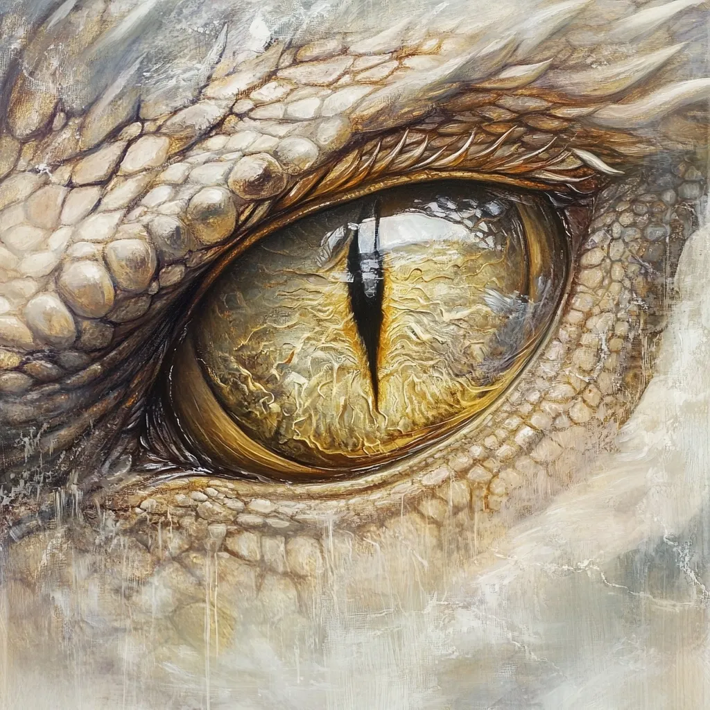 A close-up painting depicts a dragon's eye, showcasing intricate detail. The eye is a captivating blend of gold and brown, reflecting a muted landscape.  Surrounding it, the dragon's textured skin is rendered in muted beige and grey tones, with scales meticulously depicted. The overall style is painterly and realistic, with visible brushstrokes contributing to the texture. The image evokes a sense of ancient power and mystery.
