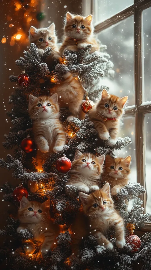 Eight ginger kittens are nestled in a snow-dusted Christmas tree, illuminated by warm lights.  Red ornaments decorate the branches, contrasting with the kittens' fur.  Snow falls gently outside a nearby window, creating a cozy, festive scene. The kittens, varying in size, gaze directly at the camera with curious expressions, making for an adorable and heartwarming winter image.