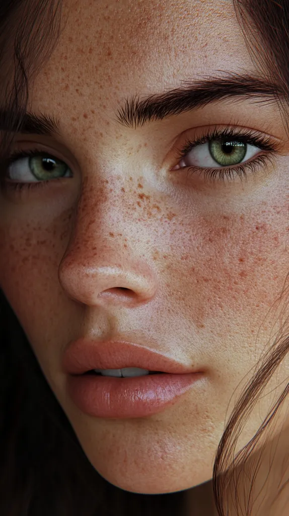 Close-up of a young woman's face, digitally rendered with remarkable detail.  Her skin is light, adorned with numerous freckles, and shows a natural, healthy glow.  Large, expressive green eyes are framed by dark eyebrows. Her lips are full and softly colored, and a few strands of dark hair frame her face.  The overall impression is one of natural beauty and realism.