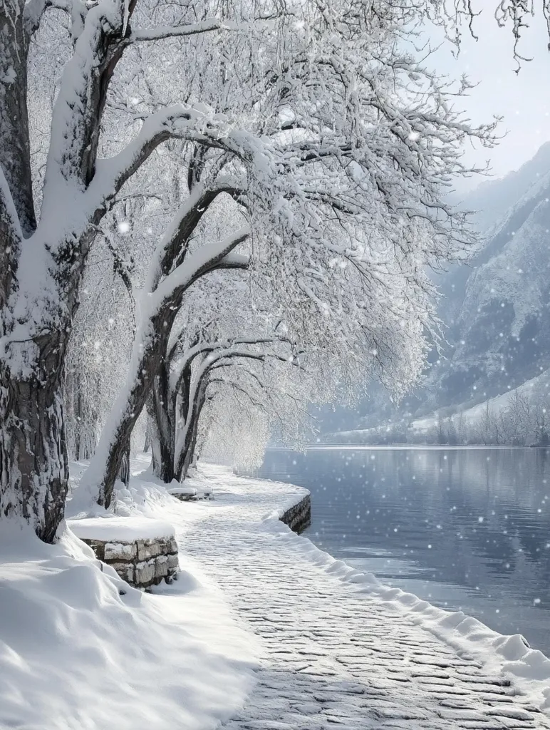 A snow-covered stone path winds along a tranquil lake, framed by snow-laden trees.  The scene is serene and peaceful, with a soft light illuminating the falling snow.  Bare branches reach towards the calm water, creating a winter wonderland.  Mountains are visible in the background, adding depth to the picturesque landscape. The overall impression is one of quiet beauty and the stillness of a winter's day.