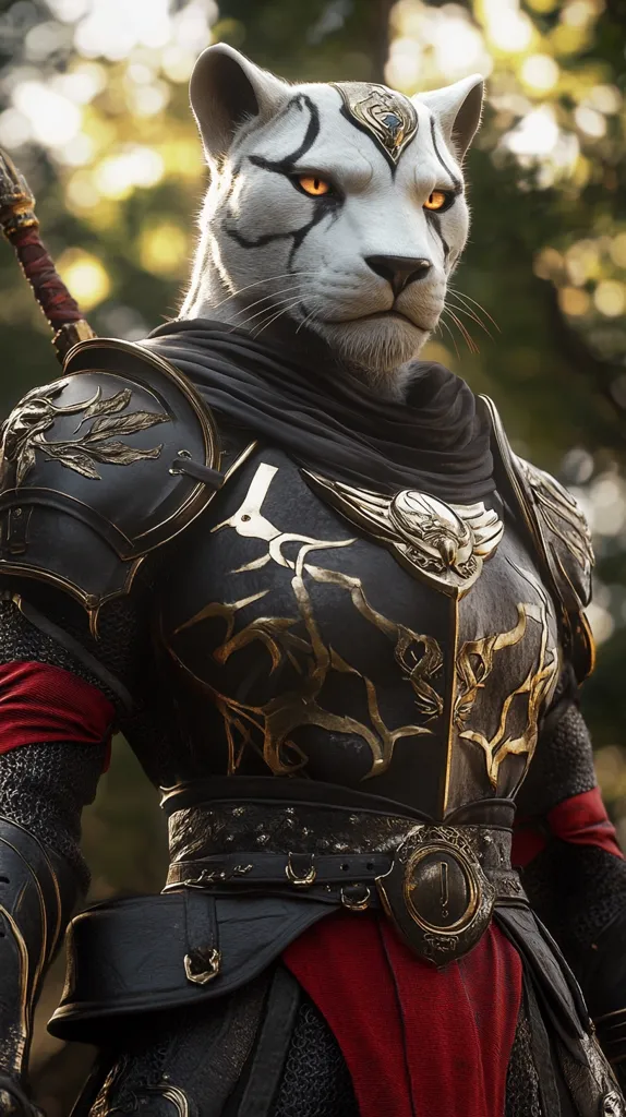 A majestic anthropomorphic feline warrior stands poised in a forest, sunlight dappling through the trees.  The creature, with white fur and striking golden eyes, wears ornate, dark armor accented with gold detailing.  The armor features intricate designs and a prominent emblem on the chest. A sword is partially visible at their side, hinting at their warrior role.  The overall image is richly detailed and evocative of fantasy artwork.