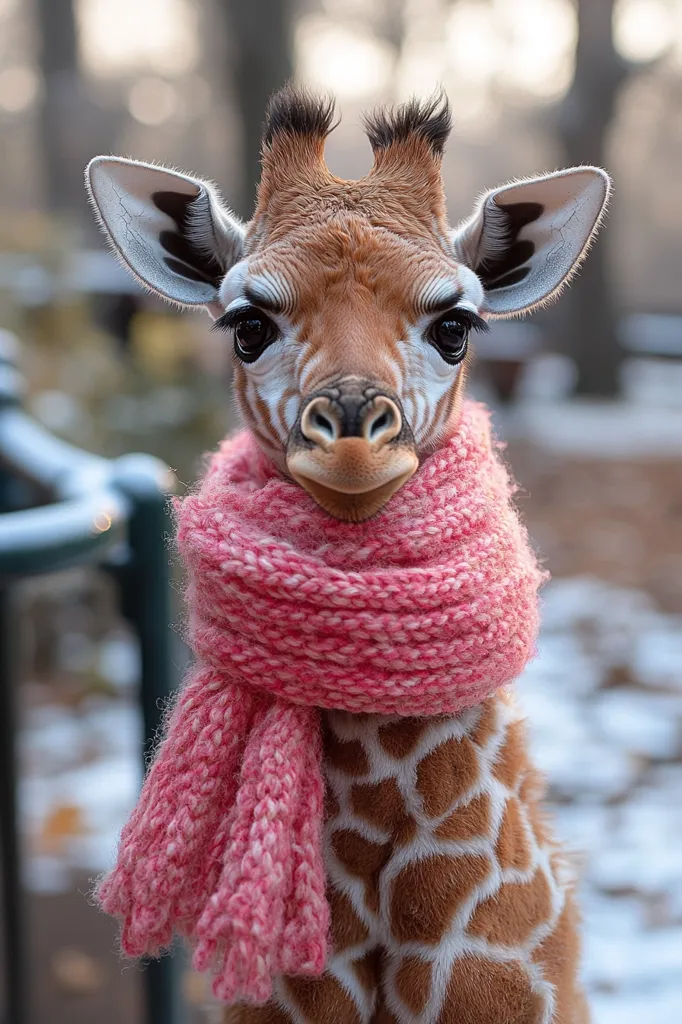 Here's a description of the image:

Close-up view of a young giraffe, its large, expressive eyes looking directly at the camera.  The giraffe's coat is a light brown with the characteristic dark brown patches.  Around its neck, it wears a chunky, light pink knitted scarf, which adds a touch of unexpected cuteness. The background is softly blurred, showing a wintery outdoor scene with trees and a hint of snow on the ground. The overall impression is one of warmth and charm, juxtaposing the giraffe's wild nature with the cozy scarf.