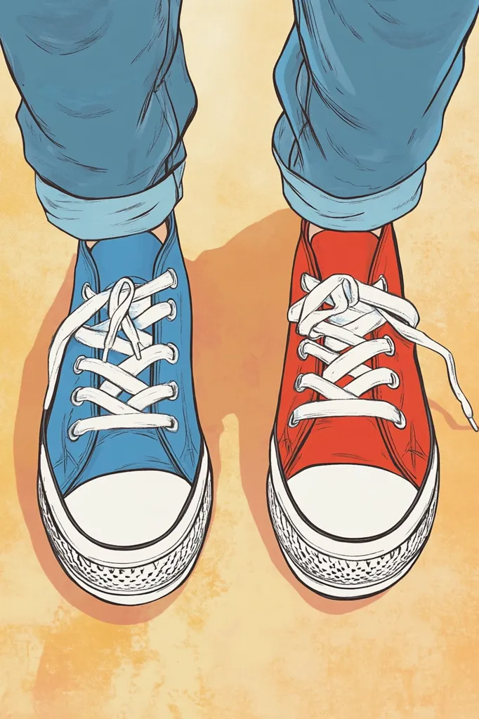 Here's a description of the image:

The illustration showcases a pair of feet, clad in blue jeans rolled up at the ankles, each wearing a classic canvas sneaker.  One shoe is bright blue, the other a vibrant red.  Both are laced with white laces, tied in a similar crisscross pattern. The shoes are positioned on a light, yellowish-orange textured background, creating a contrasting visual effect. The style is reminiscent of a comic book or graphic novel illustration, with bold outlines and slightly exaggerated features.