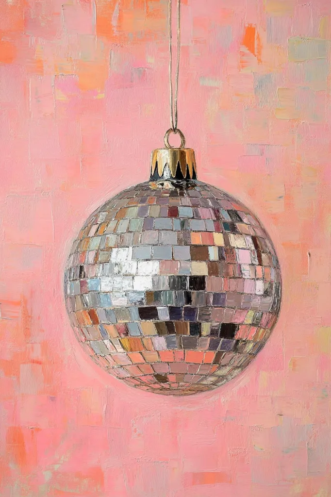 Here's a description of the image:

The painting depicts a disco ball ornament hanging against a textured, pale pink background.  The artist uses visible brushstrokes to create a sense of depth and movement in both the background and the mirrored surface of the ball.  The disco ball is rendered with numerous small, multifaceted squares reflecting light, giving a slight impression of shimmer and varied colors. A gold-colored top and a simple string are visible, completing the ornament's festive appearance. The overall style suggests impasto painting technique, emphasizing the texture of the paint.