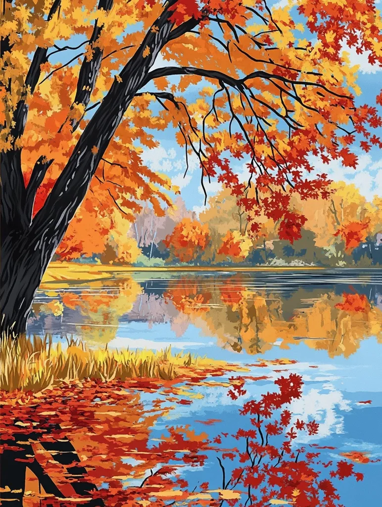 The painting depicts a serene autumnal scene. A large tree with vibrant orange and red leaves dominates the left side, its branches reaching over a calm lake. The lake reflects the colorful foliage and a clear sky.  Fallen leaves float on the water's surface, adding to the autumnal atmosphere.  The overall style is painterly and bright, emphasizing the beauty of the season.
