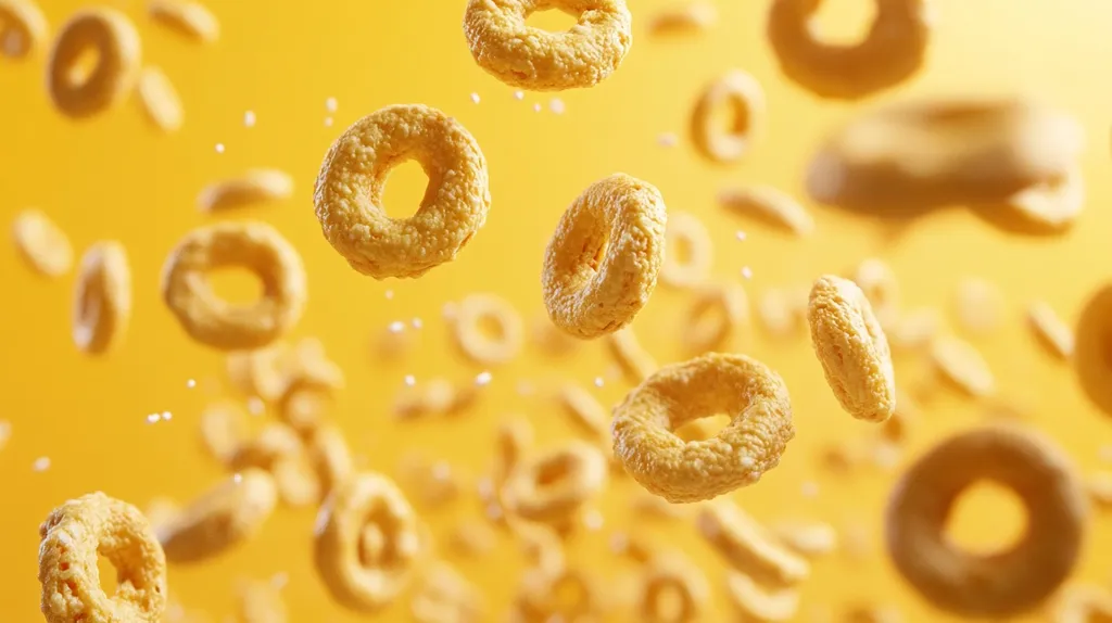 Here's a description of the image:

The image shows numerous golden, ring-shaped cereal pieces suspended in mid-air against a vibrant yellow backdrop.  The cereal pieces vary slightly in size and orientation, creating a dynamic and playful composition.  Some are in sharp focus while others are blurred, suggesting depth and movement.  The overall effect is one of lightness and energy, evoking a sense of breakfast cereal and perhaps a playful, almost magical, quality.  The yellow background further enhances the cheerful, appetizing feel of the image.