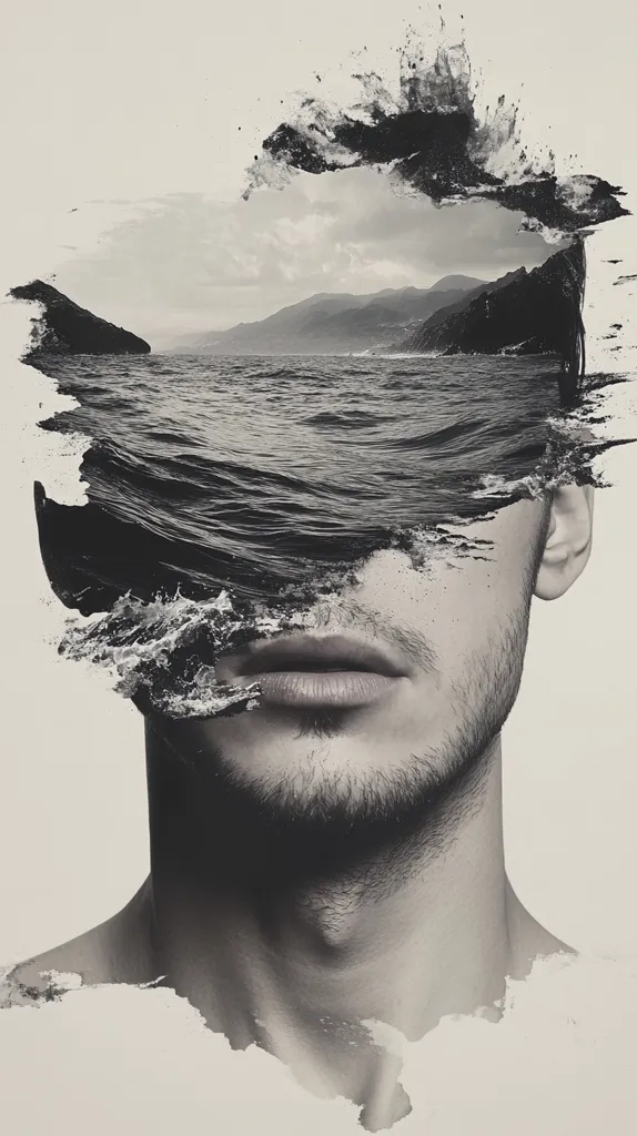 Here's a description of the image:

The monochromatic artwork depicts a man's face and upper torso, partially obscured by a surreal, painterly rendering of a seascape.  The ocean waves appear to crash over his face, blending with his features in an abstract manner. The grayscale palette emphasizes the somber mood, creating a powerful juxtaposition of human form and natural elements. The overall style suggests a blend of portraiture and surrealism, leaving the viewer to interpret the symbolic meaning of the merging man and sea.