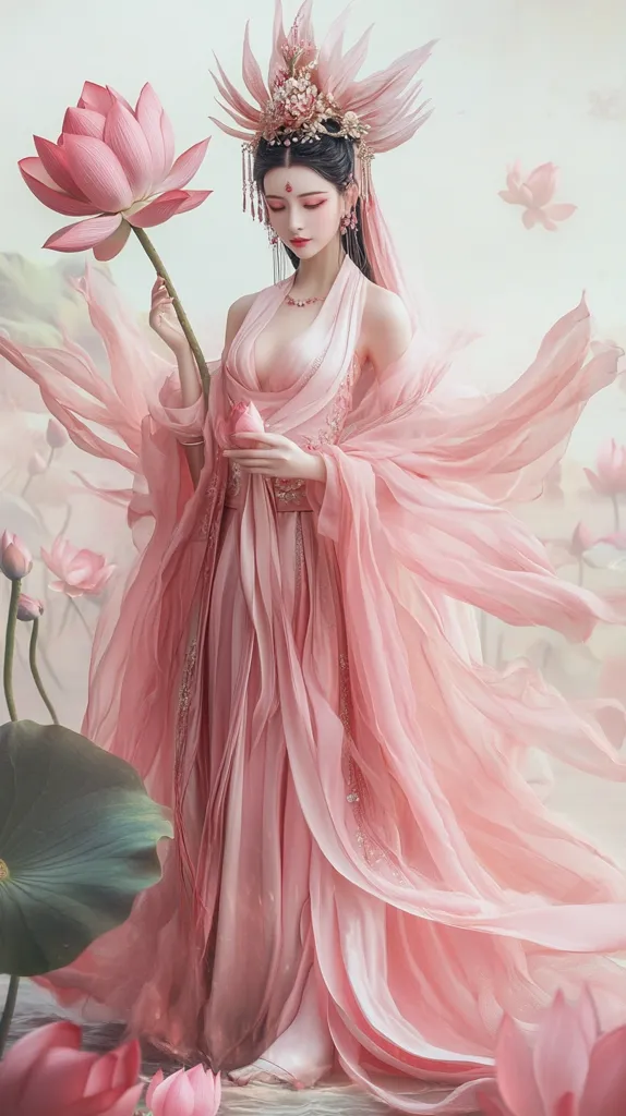The image is a digitally enhanced portrait of a woman in a flowing, pale pink gown. She wears an elaborate headdress resembling a lotus blossom and holds a large pink lotus flower. The setting appears ethereal, with blurred pink lotus flowers in the background and large lotus leaves at her feet. Her expression is serene, and the overall aesthetic evokes a sense of delicate beauty and fantasy, possibly inspired by East Asian art and mythology. The soft lighting and flowing fabric create a dreamlike atmosphere.