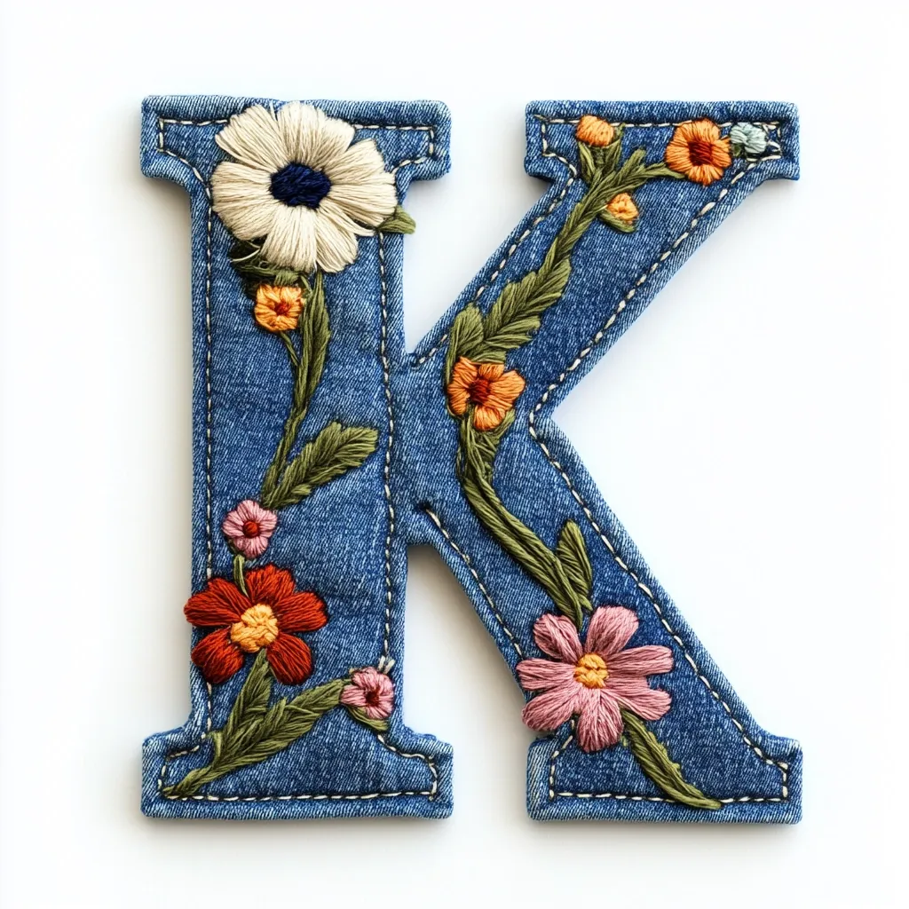 Here's a description of the image:

The image shows a denim letter "K" adorned with colorful embroidered flowers. The letter is cut from denim fabric and has a visible stitching outline. A floral vine, featuring various blossoms in shades of pink, orange, red, and white, is intricately embroidered along the letter's form, creating a charming and rustic aesthetic. The overall style is handcrafted and whimsical, suggesting a decorative or personalized item. The background is plain white, making the denim letter pop.
