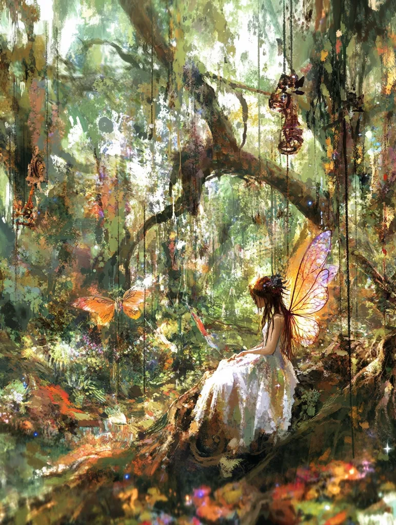 A whimsical painting depicts a fairy with translucent orange wings seated on a mossy tree trunk in a vibrant forest. Her flowing white dress contrasts with the lush greenery and dappled sunlight filtering through the leaves.  Butterflies flutter nearby, adding to the magical atmosphere.  The style is painterly and impressionistic, with visible brushstrokes contributing to a dreamy, ethereal feel.  Various small details and hanging objects within the trees hint at a hidden world.