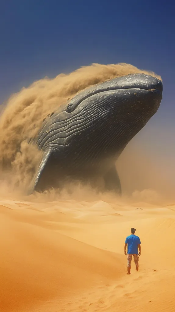 A colossal whale, partially obscured by a sandstorm, dominates a vast desert landscape. The whale's immense size dwarfs the lone figure of a man walking in the foreground, emphasizing the creature's scale and the surreal nature of the scene. The sand swirls around the whale, creating a dramatic and almost otherworldly atmosphere under a clear blue sky.  The contrast between the ocean creature and the arid desert creates a powerful and mysterious image.