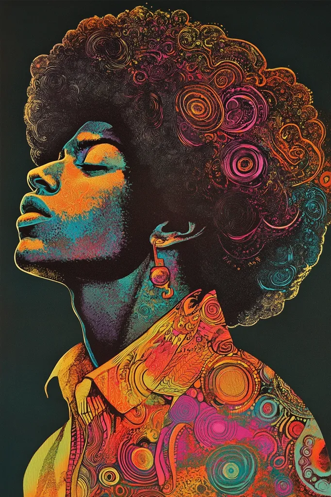 A vibrant, stylized portrait of a person with a large afro.  The artwork is rendered in a psychedelic style, with swirling, concentric circles and intricate linework in a palette of oranges, pinks, teals, and yellows against a dark background.  The subject's face is in profile, eyes closed, conveying a sense of peace or contemplation. The clothing is similarly adorned with the swirling, patterned designs. The overall effect is one of bold energy and artistic expression.