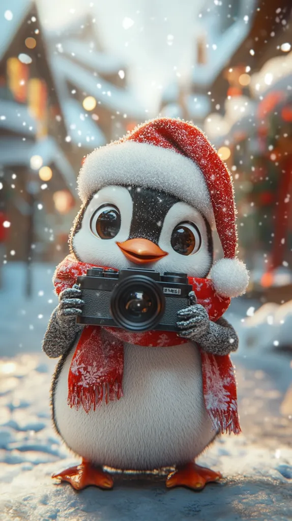 A charming, cartoon penguin, adorably dressed in a Santa hat and a red scarf patterned with snowflakes, holds a vintage camera.  Snow gently falls around it, creating a picturesque winter scene. The background is blurred, showcasing a quaint, snow-covered village with warm, glowing lights. The penguin's large, expressive eyes and fluffy texture add to its endearing quality.  It's a perfect holiday image, radiating warmth and festive cheer.