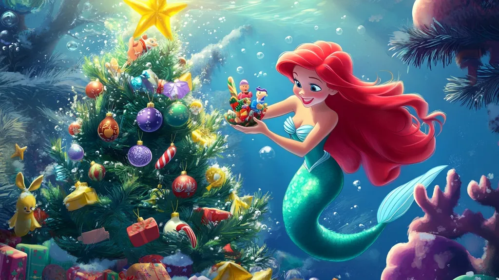 Ariel, the Little Mermaid, adorns an underwater Christmas tree.  She holds a small basket of Christmas ornaments, adding to the festive decorations.  The tree is laden with colorful baubles, candy canes, and gifts. Bubbles float around them, creating a magical, whimsical underwater scene.  The vibrant colors and detailed artwork bring a cheerful holiday spirit to the ocean depths.
