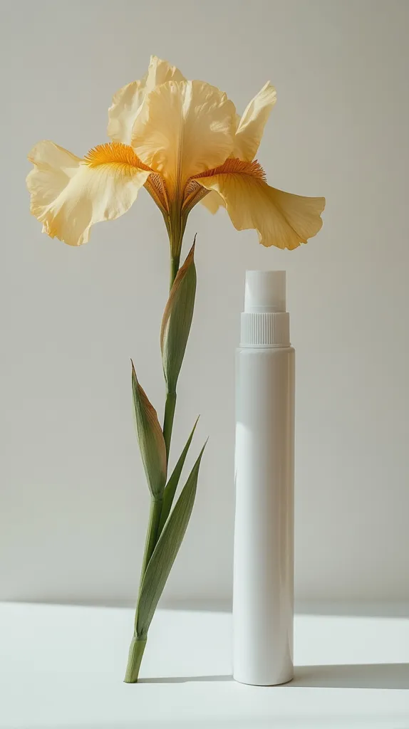 A pale yellow iris, its petals delicately unfurling, stands beside a sleek, white cylindrical bottle with a spray top. The scene is minimalist, set against a bright, neutral background.  Soft sunlight casts subtle shadows, highlighting the textures of both the flower and the bottle.  The image evokes a sense of clean simplicity and natural beauty, perhaps suggesting a skincare or beauty product.