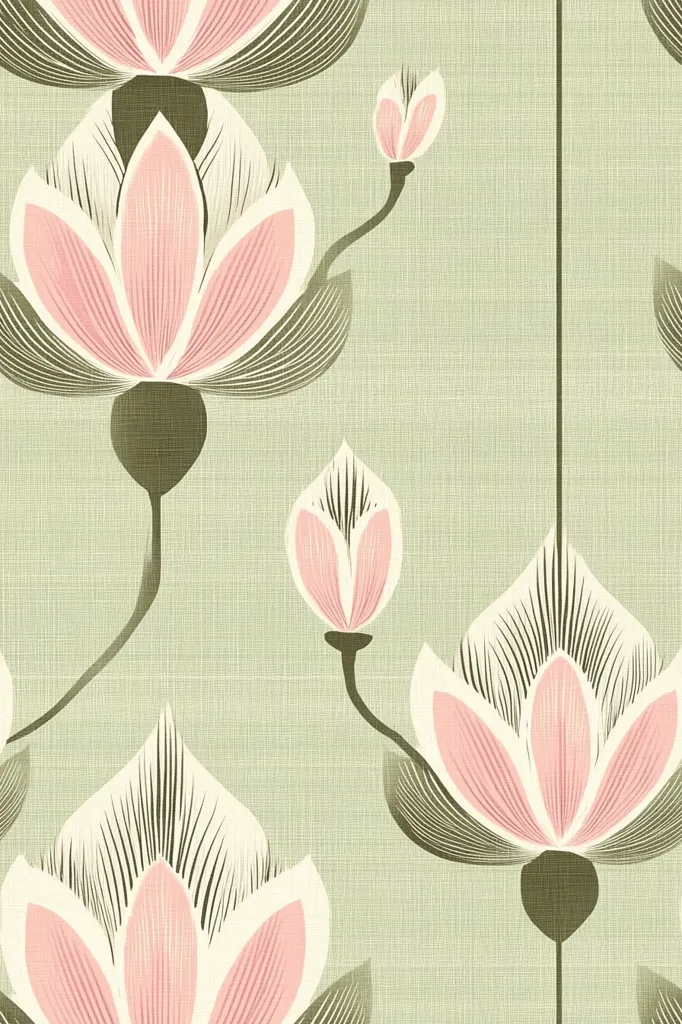 The image shows a textile design featuring stylized lotus flowers in shades of pale pink and olive green on a light sage green linen-textured background. The flowers are elongated and graphically rendered, with their petals exhibiting a striped, almost linear effect.  The stems are slender and dark, connecting the blossoms in a vertical pattern that repeats across the fabric. The overall aesthetic is one of mid-century modern elegance and simplicity.