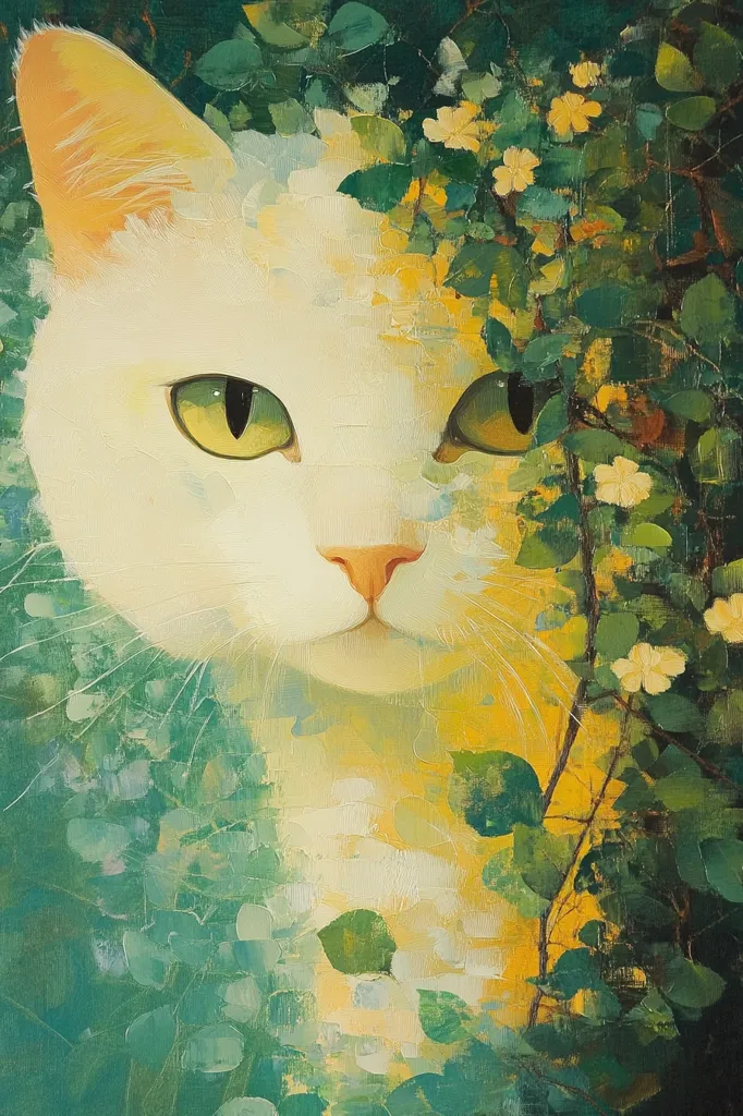 A close-up painting depicts a white cat partially obscured by lush green foliage. The cat's bright green eyes are prominent, and its fur appears soft and luminous. Yellow flowers peek through the leaves, creating a vibrant contrast against the greens. The style is impressionistic, with visible brushstrokes contributing to the painting's texture and overall dreamy atmosphere. The cat's expression is serene and captivating.