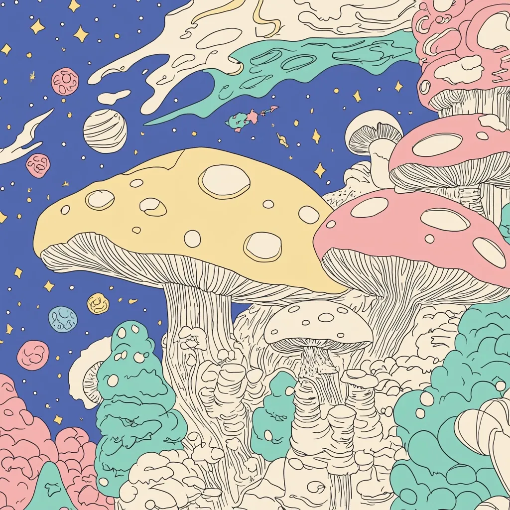Here's a description of the image:

The illustration depicts a whimsical, psychedelic landscape dominated by large, pastel-colored mushrooms.  A giant yellow and a pink mushroom stand prominently, with smaller mushrooms and mushroom-like formations surrounding them. The background features a dark blue night sky scattered with stars and swirling nebulae-like shapes in soft pastel hues.  The overall style is reminiscent of 60s and 70s psychedelic art, with a focus on organic, flowing lines and a dreamlike atmosphere.  The color palette is muted and soft, enhancing the peaceful yet surreal mood.
