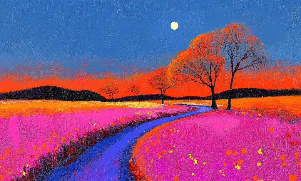 A vibrant landscape painting showcases a meandering purple river flowing through a field of bright pink flowers.  Silhouetted orange-hued trees stand against a fiery orange sunset, set against a deep blue sky.  A full moon hangs in the twilight sky above.  The artist uses bold, expressive brushstrokes, creating a textured and surreal atmosphere.  The overall effect is one of dreamlike beauty and intense color.