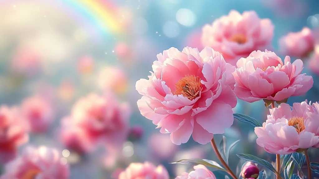 A breathtaking image showcases a cluster of delicate pink peonies in full bloom.  The soft, pastel tones are enhanced by a blurred background of more peonies and a gentle rainbow arc in the upper left corner.  The overall effect is one of dreamy beauty and serenity, with a soft, ethereal quality created by the light and bokeh effects.  The image evokes feelings of peace and tranquility in a natural setting.