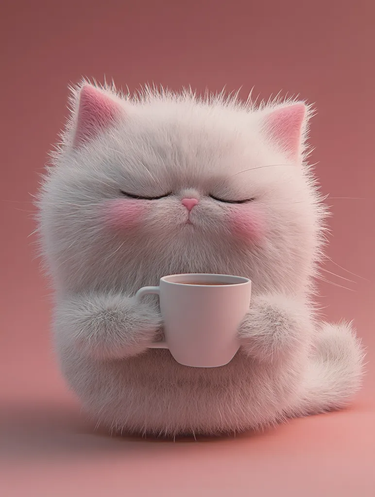 Here's a description of the image:

The image shows a fluffy, white, cartoon cat sitting on a pale pink background.  Its eyes are closed, giving it a serene expression, and it's gently holding a small, white mug filled with a brown liquid, likely tea or coffee.  The cat's fur is exceptionally soft-looking, and its paws are subtly pink. The overall style is cute and comforting, conveying a sense of warmth and relaxation.