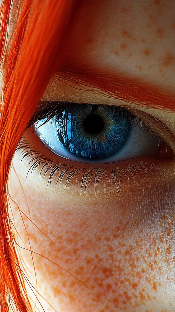 Here is a description of the image in under 100 words:

Close-up view of a woman's eye and the surrounding skin.  The eye is a striking blue, with a dark pupil and visible reflection. Long, dark eyelashes frame the eye.  The skin is fair, densely covered with freckles, and a vibrant ginger-red hair strand drapes across the upper portion of the image. The overall impression is one of high detail and intense color saturation, possibly digitally enhanced.