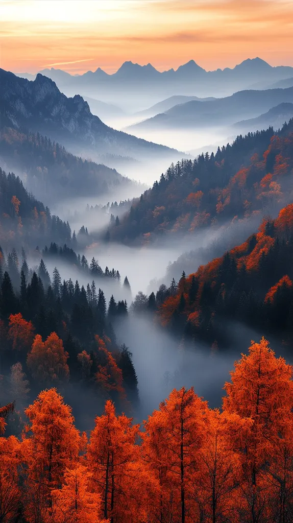 A breathtaking autumnal landscape unfolds, showcasing layers of misty mountains at sunset.  Vibrant orange and red larch trees in the foreground contrast sharply against the cool blues and grays of the distant peaks shrouded in fog.  The valleys are filled with a soft, ethereal mist, creating a serene and mystical atmosphere. The scene is a captivating display of nature's beauty, blending vibrant colors with a tranquil, almost dreamlike quality.