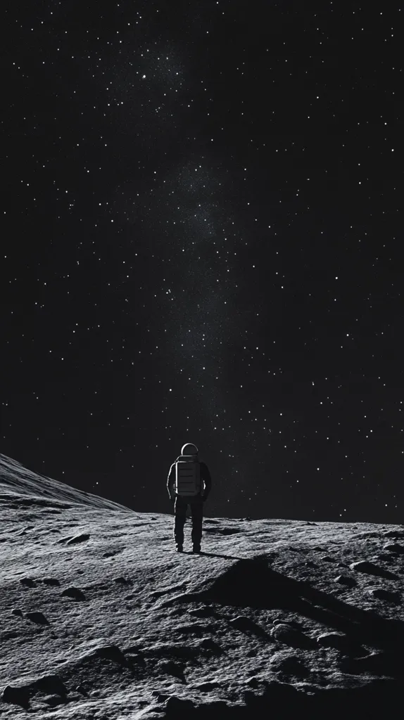A lone astronaut stands on a desolate, grey lunar landscape, gazing upward at a star-filled night sky.  The astronaut, wearing a spacesuit and backpack, is silhouetted against a bright band of the Milky Way stretching vertically across the dark expanse. The moon's surface is rough and textured, showing craters and dust. The overall mood is one of solitude and vastness, emphasizing the scale of space.
