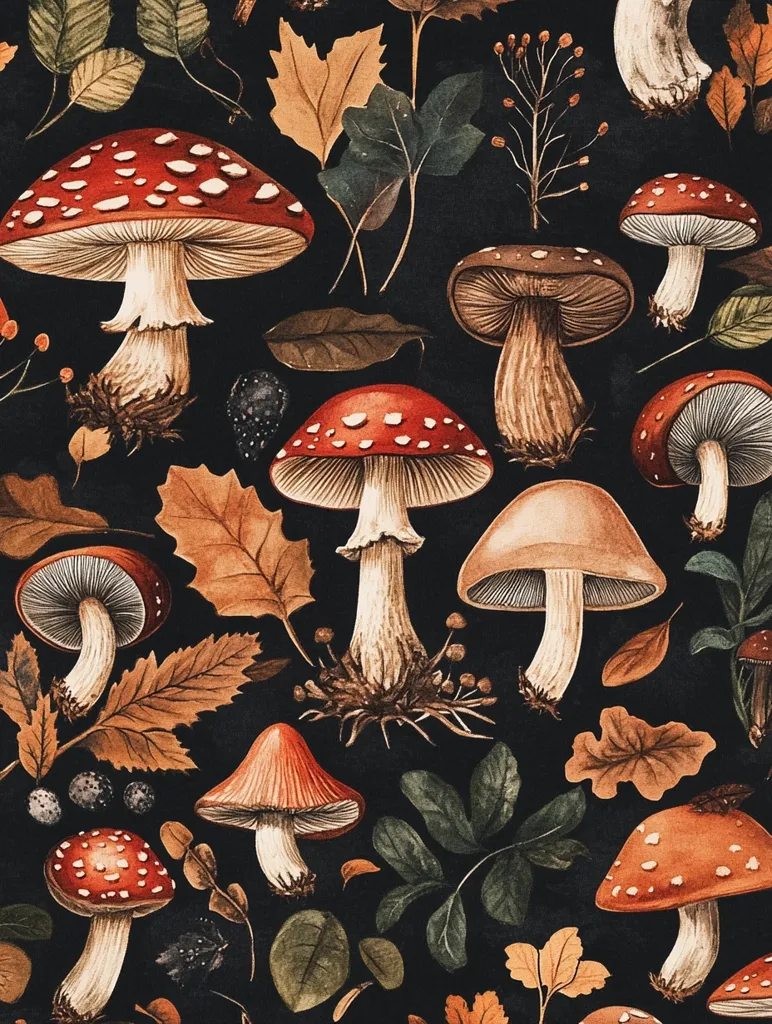 Here's a description of the image:

The image is a richly detailed, autumnal pattern featuring a variety of mushrooms and foliage against a dark background.  Various types of mushrooms, including fly agarics with their characteristic red caps and white spots, and other earthy-toned fungi, are interspersed with brown and green leaves, berries, and delicate stems. The style evokes a vintage botanical illustration, with a painterly, watercolor-like effect. The overall impression is one of lush autumnal beauty and natural detail.