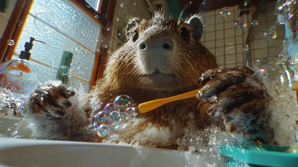 Here's a description of the image:

A capybara sits in a bathtub filled with soapy water and bubbles.  The capybara is centrally positioned, holding an orange toothbrush. Its expression is one of mild curiosity.  The background features a window with a patterned glass pane, a soap dispenser, and a bottle.  The overall scene is bright and playful, with numerous iridescent bubbles floating around the capybara and in the water. The image is taken from a low angle, giving a slightly upward view of the animal.