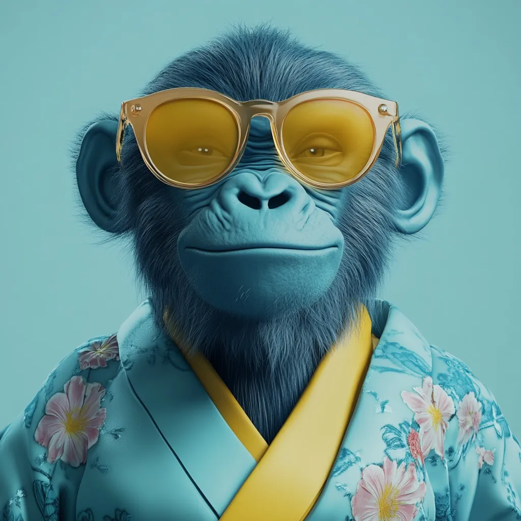 Here's a description of the image:

Close-up view of a stylized, blue chimpanzee. The chimp is depicted wearing a light blue kimono-style robe adorned with pink floral patterns and a yellow obi. It sports a pair of gold-rimmed sunglasses with amber lenses. The overall aesthetic is fashionable and somewhat whimsical, with a pastel color palette and a focus on smooth, almost unrealistically textured fur and fabric. The background is a solid, light teal. The expression on the chimp's face is serene and slightly amused.