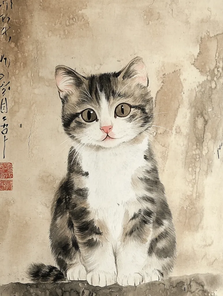 Here's a description of the image:

The artwork depicts a charming grey and white tabby kitten, rendered in a style reminiscent of East Asian ink wash painting.  The kitten sits upright, its large, expressive eyes gazing directly at the viewer. Its fur is delicately depicted with subtle shading, highlighting its soft texture. The background is a muted beige, with hints of brown and subtle texture, contributing to the overall serene and antique aesthetic.  A red stamp and some Japanese characters are visible to the left, enhancing the artistic style and likely adding context or a signature. The overall effect is one of quiet contemplation and gentle beauty.