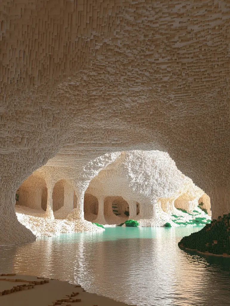 The image depicts a subterranean scene, possibly rendered in a Minecraft-like blocky style.  A calm, turquoise lake occupies the central space, surrounded by pale, sandy-colored cave walls and formations.  The cave ceiling arches overhead, creating a sense of depth and scale.  Patches of greenery are visible near the water's edge, contrasting with the predominantly beige landscape.  The overall effect is one of serene beauty within a uniquely textured, digital environment.