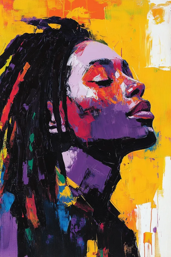 A vibrant, expressionist portrait of a Black woman with long dreadlocks.  The painting uses bold strokes of purple, red, orange, and yellow against a predominantly yellow background.  Her eyes are closed, suggesting serenity or contemplation. The impasto technique creates texture and depth, emphasizing the woman's features and the energy of the piece.  The overall effect is one of warmth, power, and beauty.