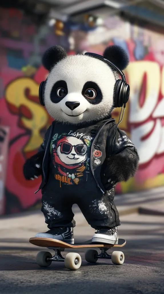 Here's a description of the image:

A 3D-rendered illustration showcases a cool panda, sporting headphones and a black leather jacket over a graphic t-shirt featuring a smaller panda design.  The panda stands confidently on a skateboard, its sneakers adding to the urban street style.  The background is a blurred but vibrant graffiti-covered wall, further enhancing the edgy, youthful vibe. The overall style is playful yet sophisticated, combining cute animal imagery with street-culture aesthetics.