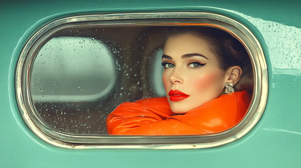 A striking woman with bold red lipstick and winged eyeliner peers from the oval window of a vintage teal car.  She's wearing a vibrant orange leather jacket, her arms casually draped across her chest.  Rain droplets adorn the glass, adding a nostalgic, slightly melancholic atmosphere to the image.  The overall aesthetic is retro-glamour, evoking a sense of classic Hollywood style.